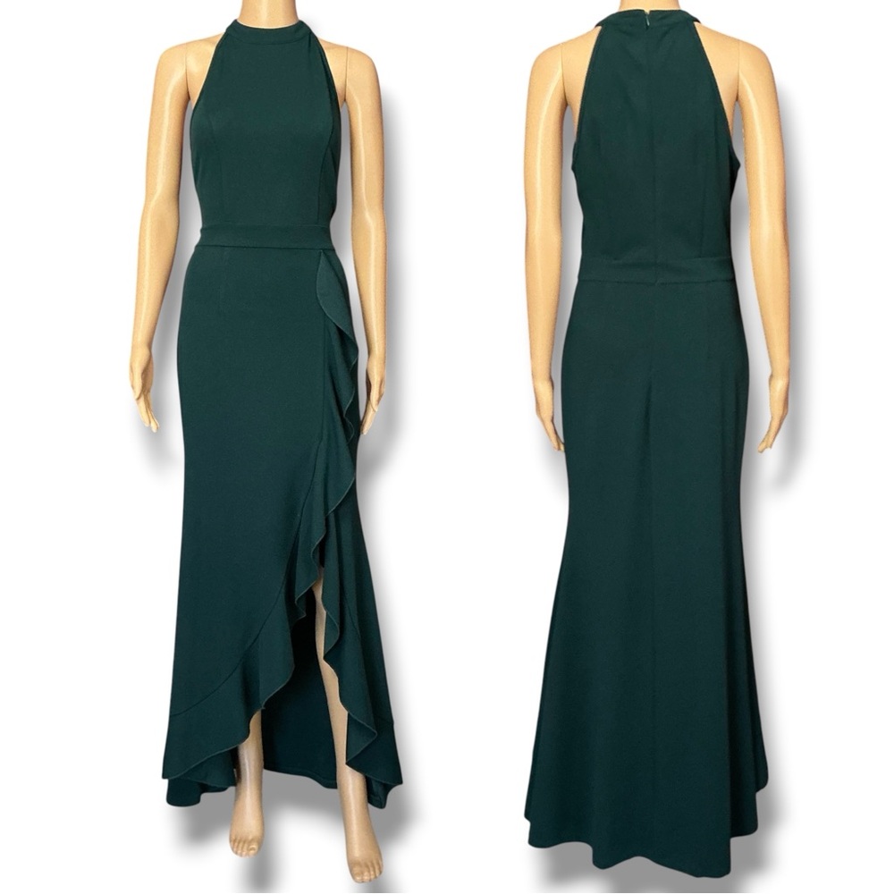 Sleeveless Hunter Green Halter Ruffle Front Evening Dress - Picture 2 of 14